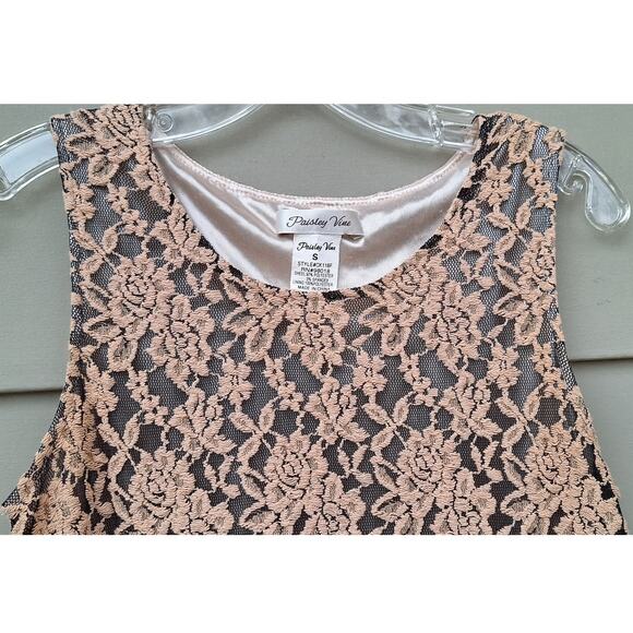 Paisley Vine Lace Ruffles Sleeveless Tank Mini Dress Tan Black Nude Coquette S - Picture 6 of 10